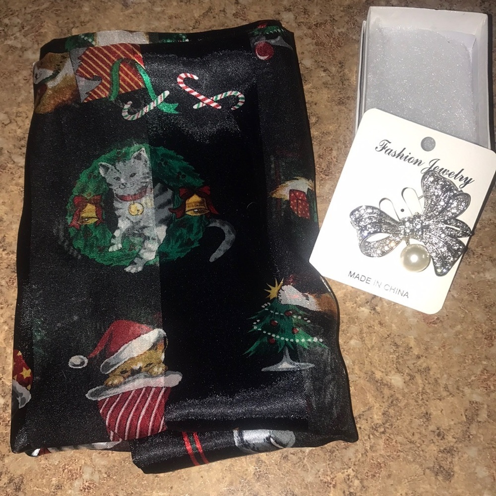 NWOT Holiday Cat Scarf & Pin Set